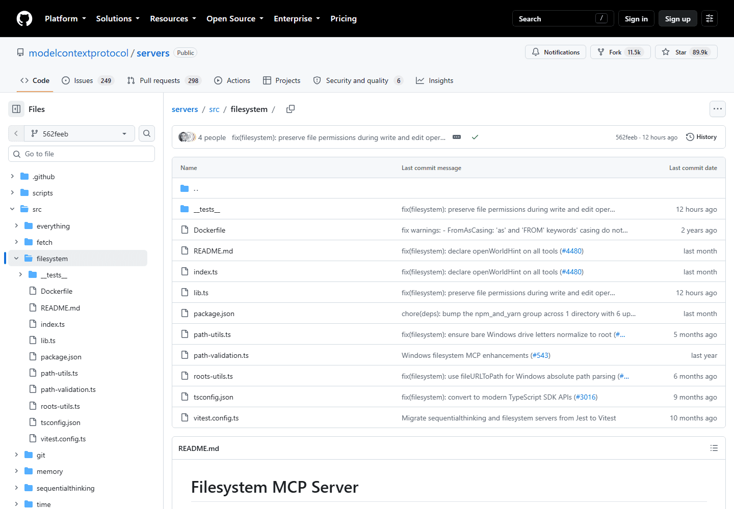 Original Practical AI Radar capture of the pinned reference filesystem MCP server source used for the capability audit.